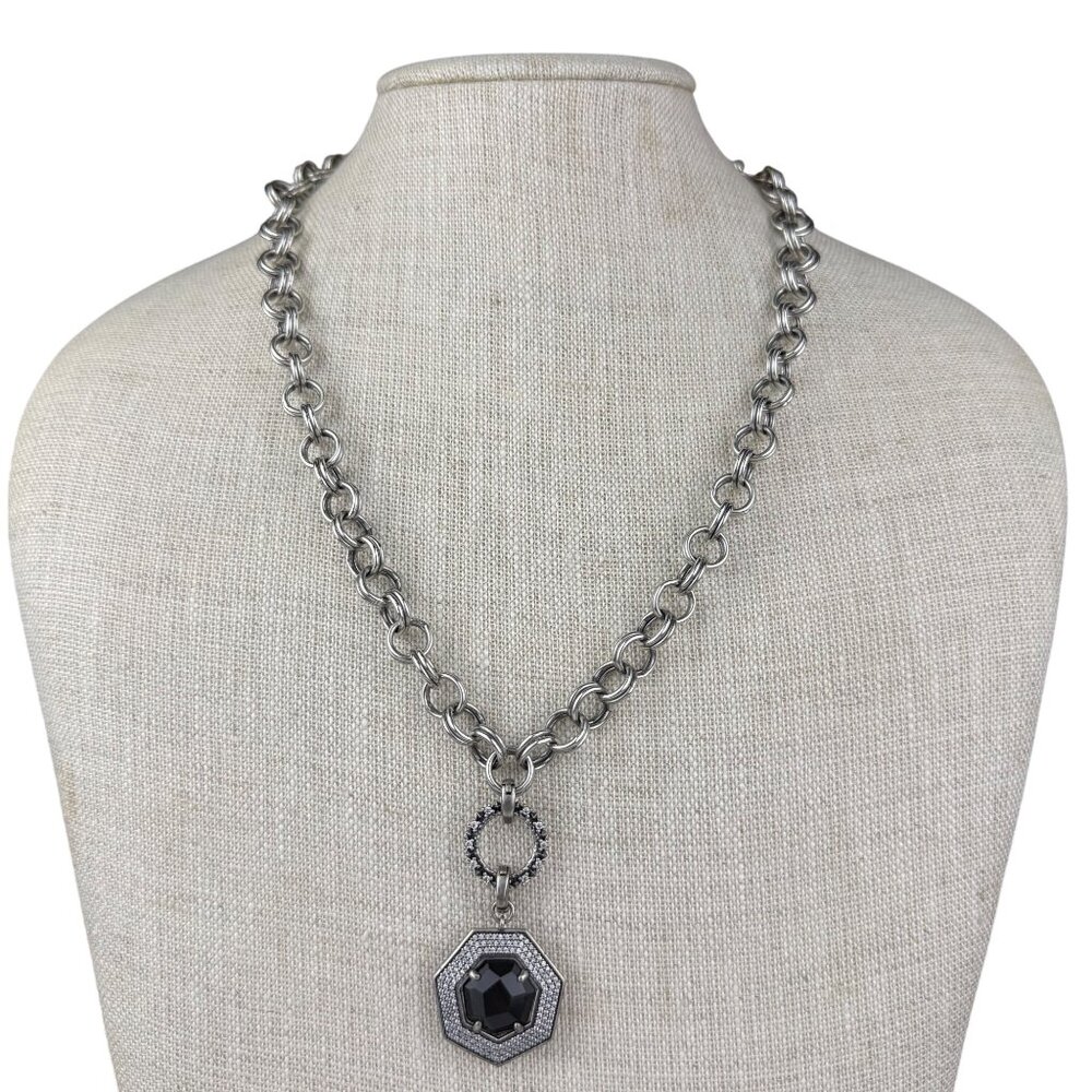 KS Womens Silver Tone Chain Statement Necklace With Black Octagon Pendant